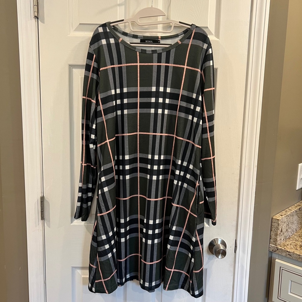 MIROL Womens Plaid Long Sleeve Tunic Dress Green Pink XL Pocketed Jersey Knit